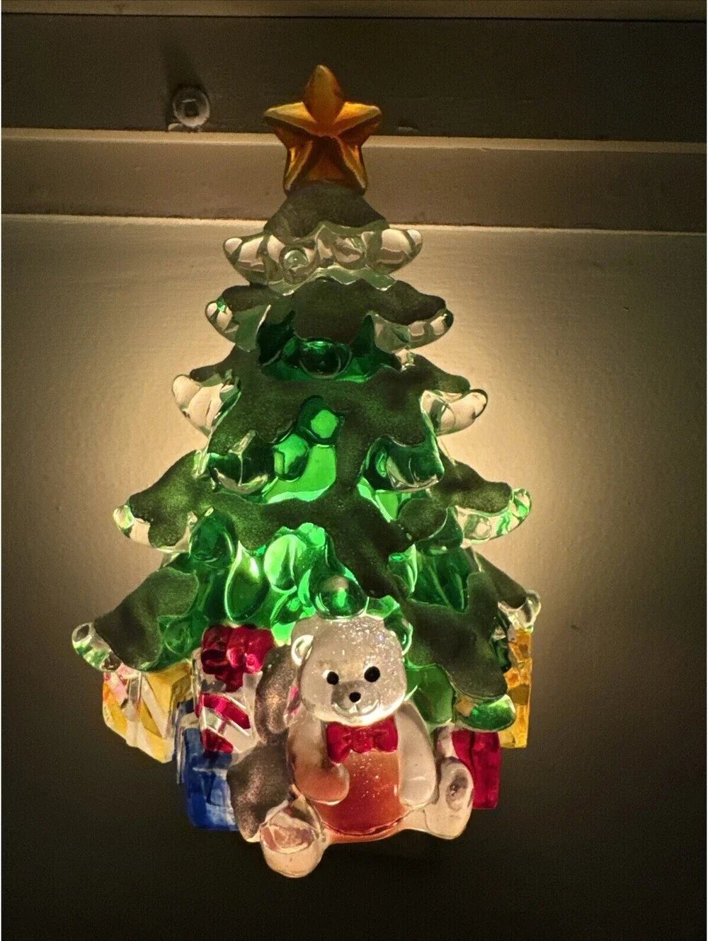 Christmas Tree Night Light Presents Teddy Bear Acrylic Plastic Glitter Snow 6”
